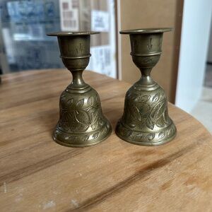 Elegant vintage Brass Candle Holders bells set of 2.  Bells of Sarna India. 4”
